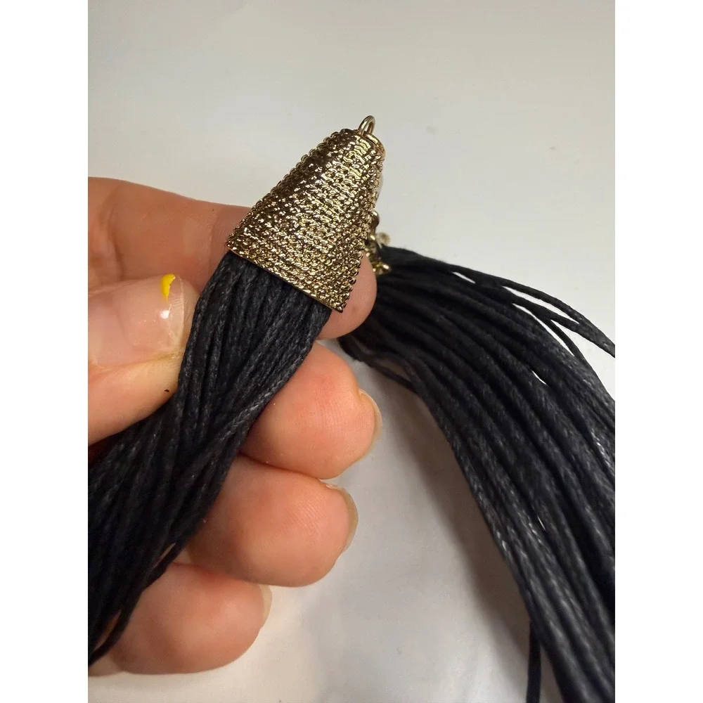 Black Multi Strand Cord Statement Necklace Gold Tone Hammered Ring Detail